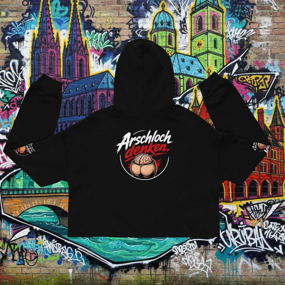Trendiger Crop-Hoodie mit offenem Saum und gefärbten Kordelzügen